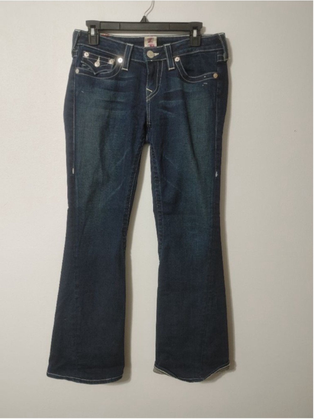 Women's True Religion Dark Blue White Stitching Flare Jeans Joey Twisted Hem 29